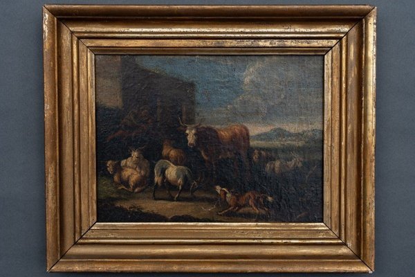 Scene of Animals and Shepherd, 18th Century, Oil on Canvas, Framed-QKG-1793419