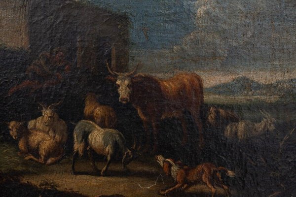 Scene of Animals and Shepherd, 18th Century, Oil on Canvas, Framed-QKG-1793419