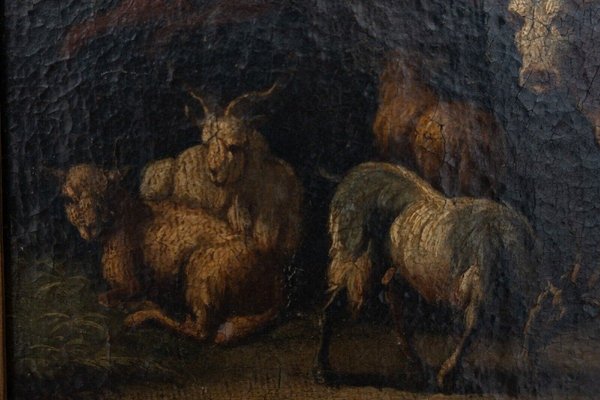 Scene of Animals and Shepherd, 18th Century, Oil on Canvas, Framed-QKG-1793419