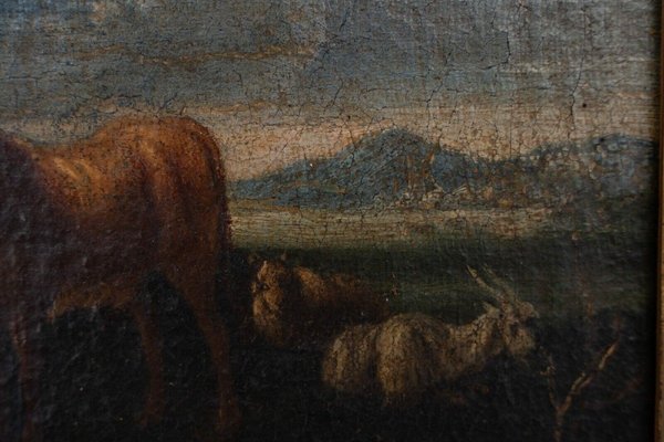 Scene of Animals and Shepherd, 18th Century, Oil on Canvas, Framed-QKG-1793419