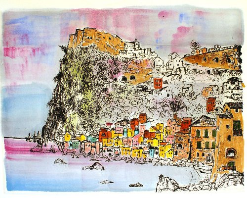 Scilla - Hamlet under the Cliff - Etching and Watercolor by G. Omiccioli 1970 ca.-ZCI-758773