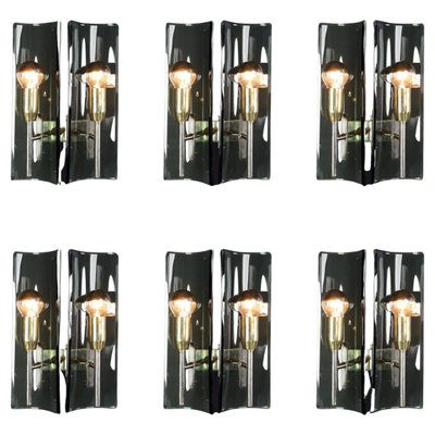 Sconces in Brass and Curved Glass, Italy, 1950s, Set of 6-TRW-1728482