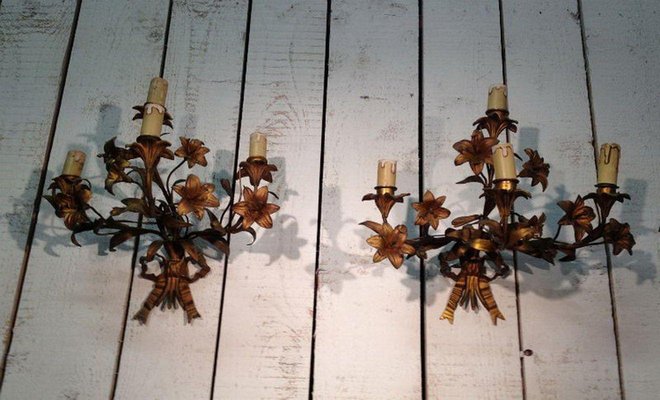 Sconces in Bronze and Gilt Metal with Flowers and Ribbons, 1890s, Set of 2-BA-1365670