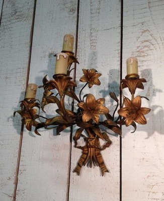 Sconces in Bronze and Gilt Metal with Flowers and Ribbons, 1890s, Set of 2-BA-1365670