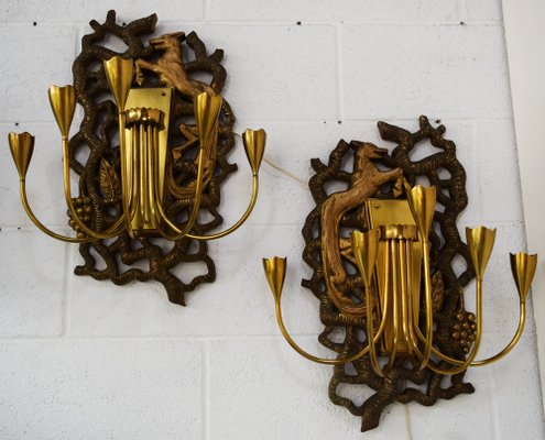 Sconces in Giltwood with Brass Arms, 1950s, Set of 2-WF-1031227