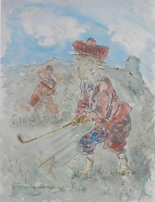 Scottish Cats Playing Golf, Watercolor on Paper-ARU-1177493