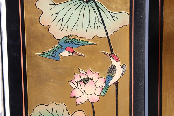 Screen in Chinese Lacquer with Enamel and Lotus Flower Decorations, 1950s-EH-1820704