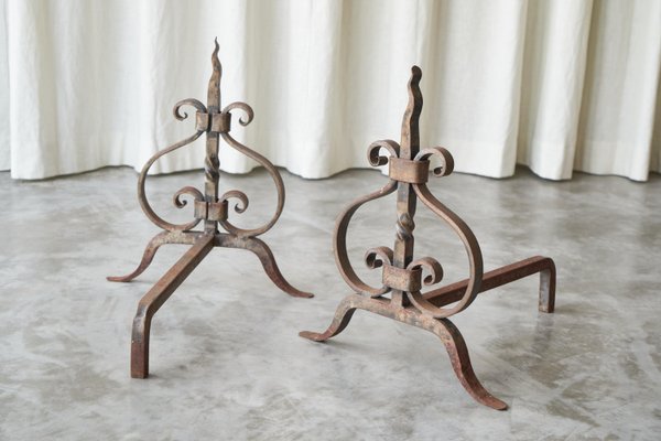 Sculptural Andirons or Fire Dogs in Wrought Iron, Early 20th Century, Set of 2-FEW-2024222