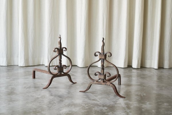 Sculptural Andirons or Fire Dogs in Wrought Iron, Early 20th Century, Set of 2-FEW-2024222