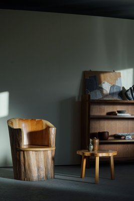 Sculptural Carved Wabi Sabi Brutalist Stump Chair in Solid Pine, Sweden, 1968-MXF-1367759