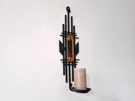 Sculptural Iron and Orange Glass Candle Sconce from Dantoft, 1960s-NV-1765334