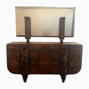 Sculptural Walnut Sideboard and Mirror, 1920s-IJR-867710