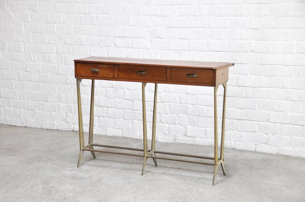 Sculptural Wood & Brass Console Table in the Style of Osvaldo Borsani, Italy, 1950s-WUY-1233366