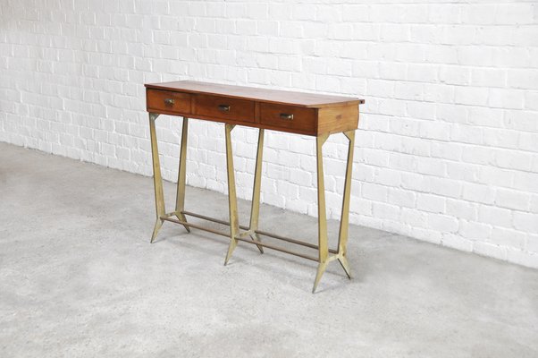 Sculptural Wood & Brass Console Table in the Style of Osvaldo Borsani, Italy, 1950s-WUY-1233366