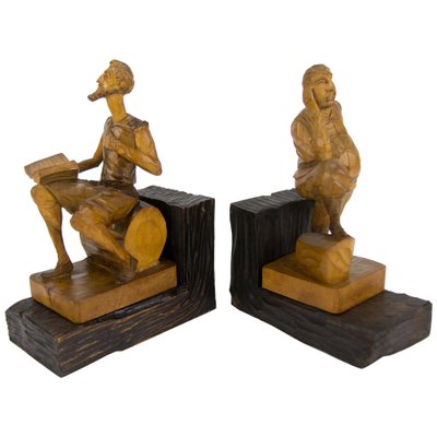 Sculpture Bookends in Hand-Carved Wood of Don Quixote and Sancho Panza, Set of 2-KEG-1086560