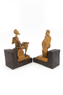 Sculpture Bookends in Hand-Carved Wood of Don Quixote and Sancho Panza, Set of 2-KEG-1086560