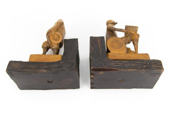 Sculpture Bookends in Hand-Carved Wood of Don Quixote and Sancho Panza, Set of 2-KEG-1086560