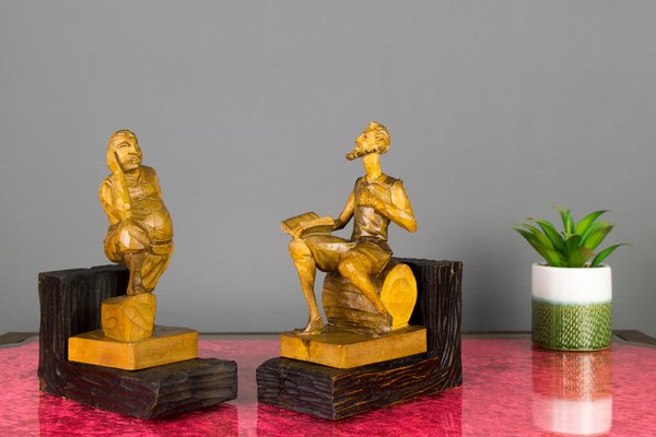 Sculpture Bookends in Hand-Carved Wood of Don Quixote and Sancho Panza, Set of 2-KEG-1086560