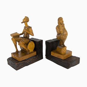 Sculpture Bookends in Hand-Carved Wood of Don Quixote and Sancho Panza, Set of 2-KEG-1086560