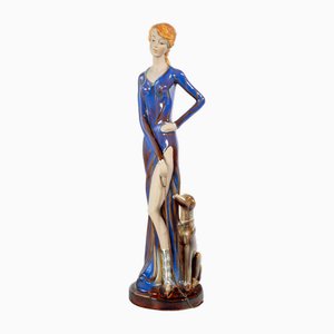 Sculpture of Woman with Dog in Glazed Ceramic-OJE-2024311