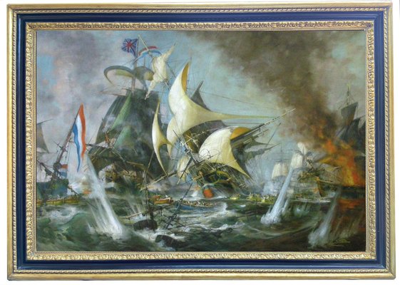 Sea Battle, English School, Italy, Oil on Canvas, Framed-YUW-1305255