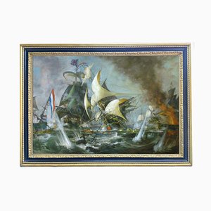 Sea Battle, English School, Italy, Oil on Canvas, Framed-YUW-1305255