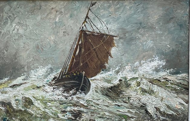 Seascape with Boat in a Storm, Oil Painting on Panel, Framed-PKM-1717576