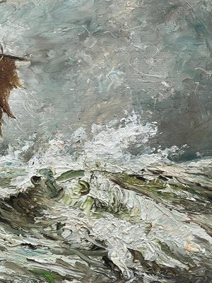 Seascape with Boat in a Storm, Oil Painting on Panel, Framed-PKM-1717576