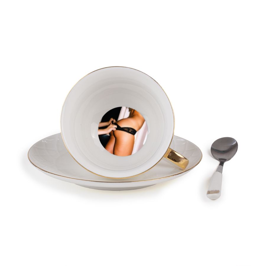 Porcelain Tea cup with saucer and teaspoon Tarin Pomona by Seletti