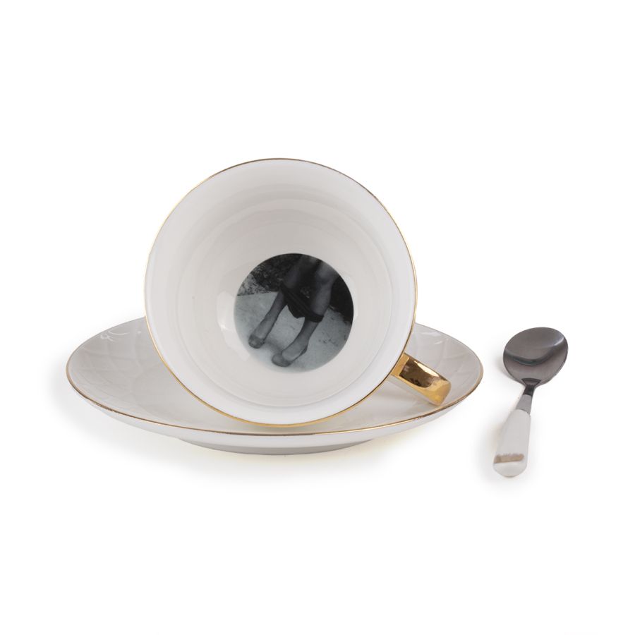 Porcelain Tea cup with saucer and teaspoon Tarin Proserpina by Seletti