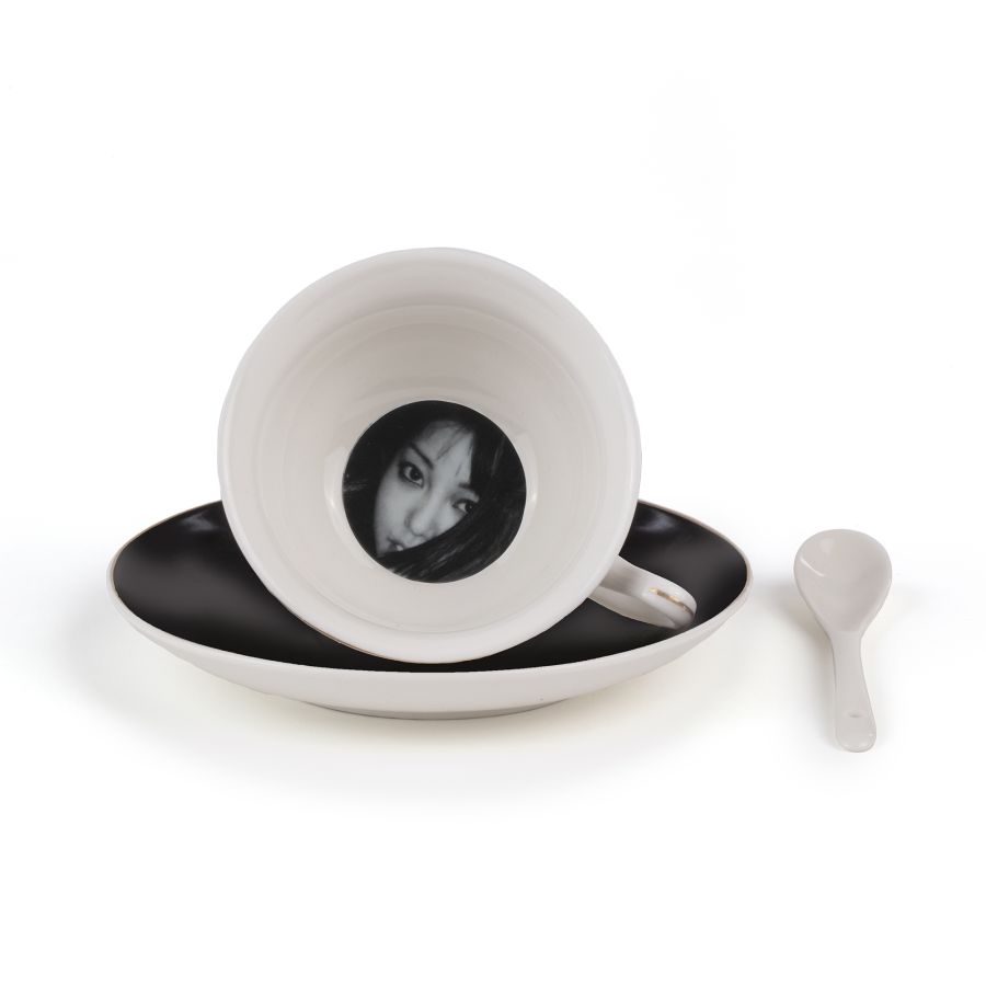 Porcelain Tea cup with saucer and teaspoon Tarin Bellona by Seletti