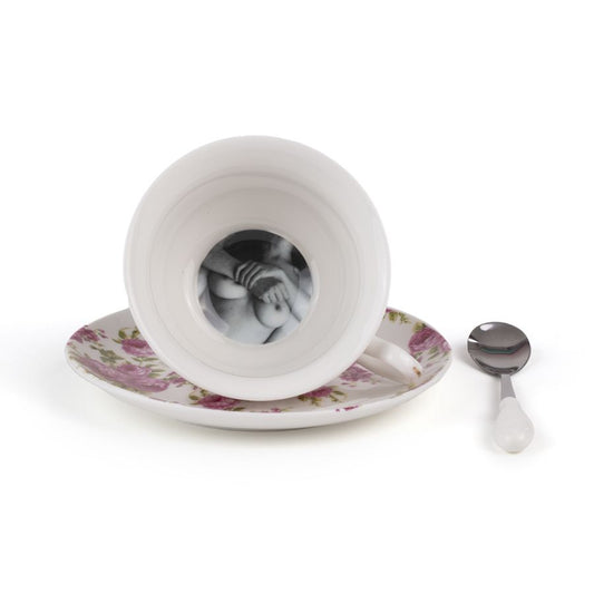 Porcelain Tea cup with saucer and teaspoon Tarin Fortuna by Seletti