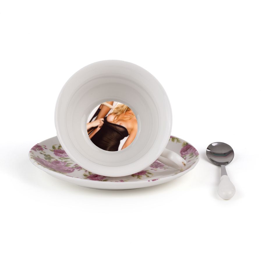 Porcelain Tea cup with saucer and teaspoon Tarin Rumina by Seletti