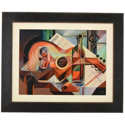 Serge Magnin, Cubist Still Life with Guitar, 1960, Oil Painting-KTN-840561