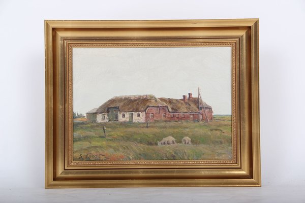 Sergius Frost, Painting of a Danish Farmhouse, 1950s, Oil on Canvas, Framed-DQ-1295862