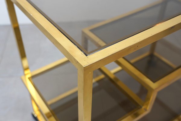 Serving Bar Cart in Brass and Smoked Glass, Italy, 1970s-LYQ-1224105