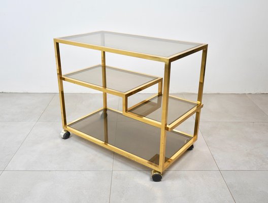 Serving Bar Cart in Brass and Smoked Glass, Italy, 1970s-LYQ-1224105