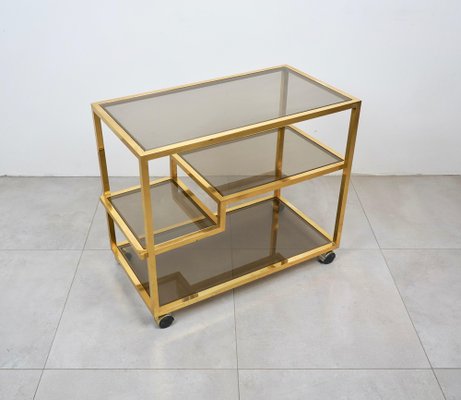 Serving Bar Cart in Brass and Smoked Glass, Italy, 1970s-LYQ-1224105