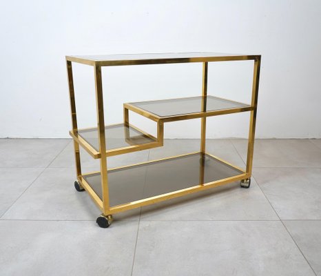 Serving Bar Cart in Brass and Smoked Glass, Italy, 1970s-LYQ-1224105