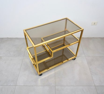 Serving Bar Cart in Brass and Smoked Glass, Italy, 1970s-LYQ-1224105