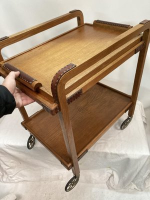 Serving Cart in Oak and Leather by Jacques Adnet, 1950s-VRR-1786733