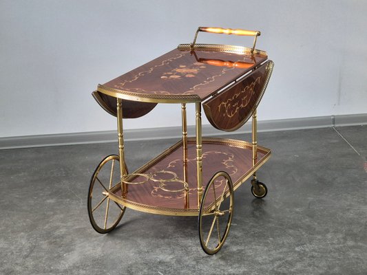 Serving Drink Bar Cart Trolley with Side Flaps in Marquetry Inlays, 1970s-WMP-2016613