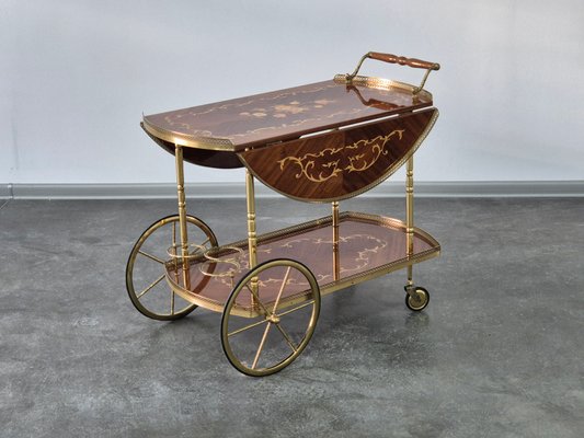 Serving Drink Bar Cart Trolley with Side Flaps in Marquetry Inlays, 1970s-WMP-2016613