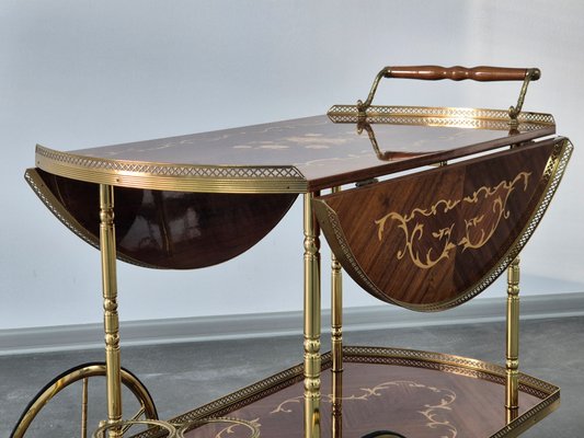 Serving Drink Bar Cart Trolley with Side Flaps in Marquetry Inlays, 1970s-WMP-2016613