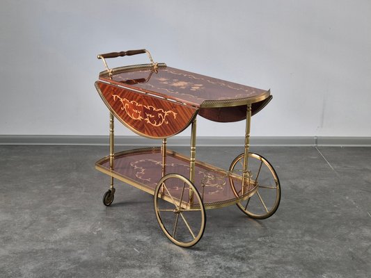 Serving Drink Bar Cart Trolley with Side Flaps in Marquetry Inlays, 1970s-WMP-2016613