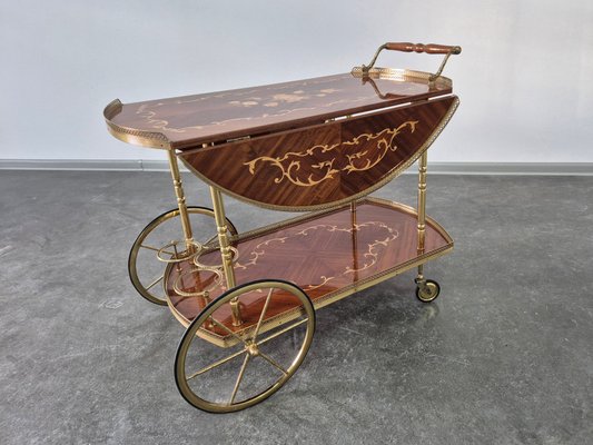 Serving Drink Bar Cart Trolley with Side Flaps in Marquetry Inlays, 1970s-WMP-2016613