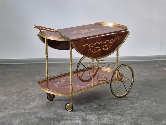 Serving Drink Bar Cart Trolley with Side Flaps in Marquetry Inlays, 1970s-WMP-2016613