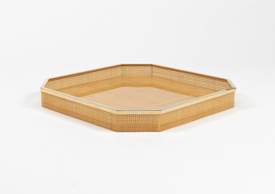 Serving Tray in Acrylic Glass, Wicker & Gold Plating in the style of Christian Dior, Italy, 1970s-LYQ-2027452