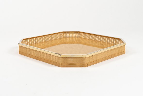 Serving Tray in Acrylic Glass, Wicker & Gold Plating in the style of Christian Dior, Italy, 1970s-LYQ-2027452