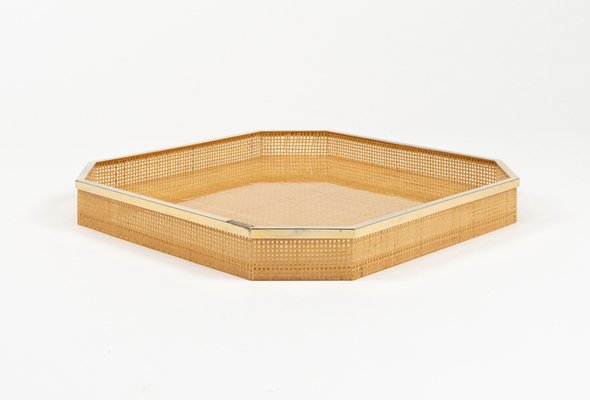 Serving Tray in Acrylic Glass, Wicker & Gold Plating in the style of Christian Dior, Italy, 1970s-LYQ-2027452